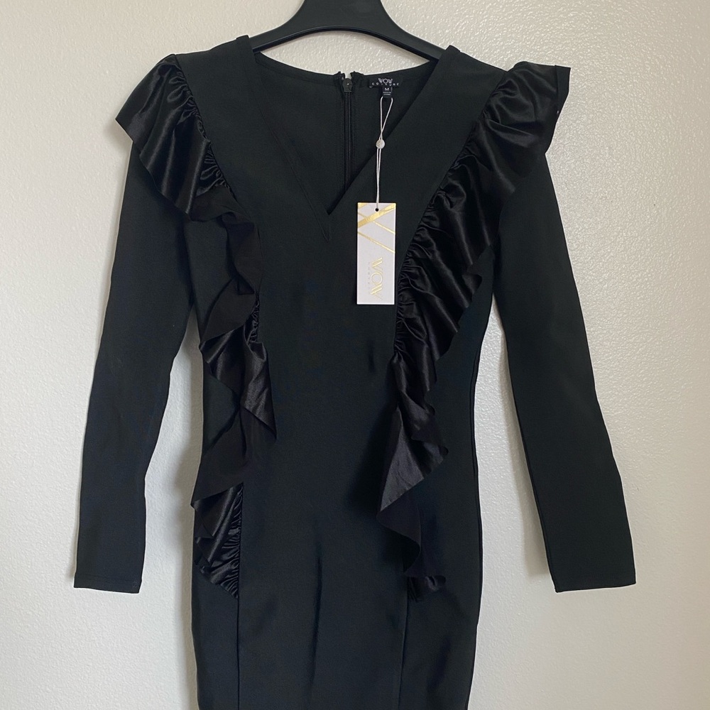 WOW Couture Black Ribbed Ruffled Bodycon Dress